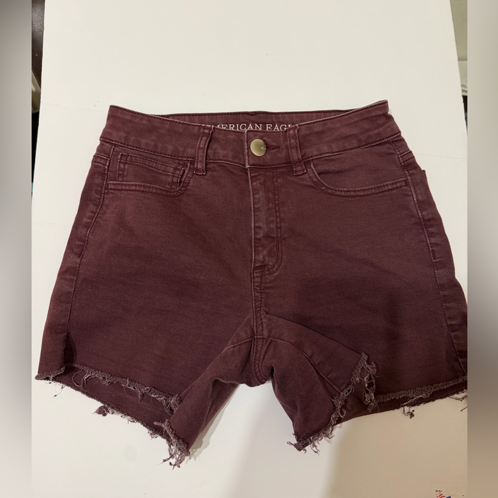 American Eagle super super stretch high rise shortie burgundy jeans short,